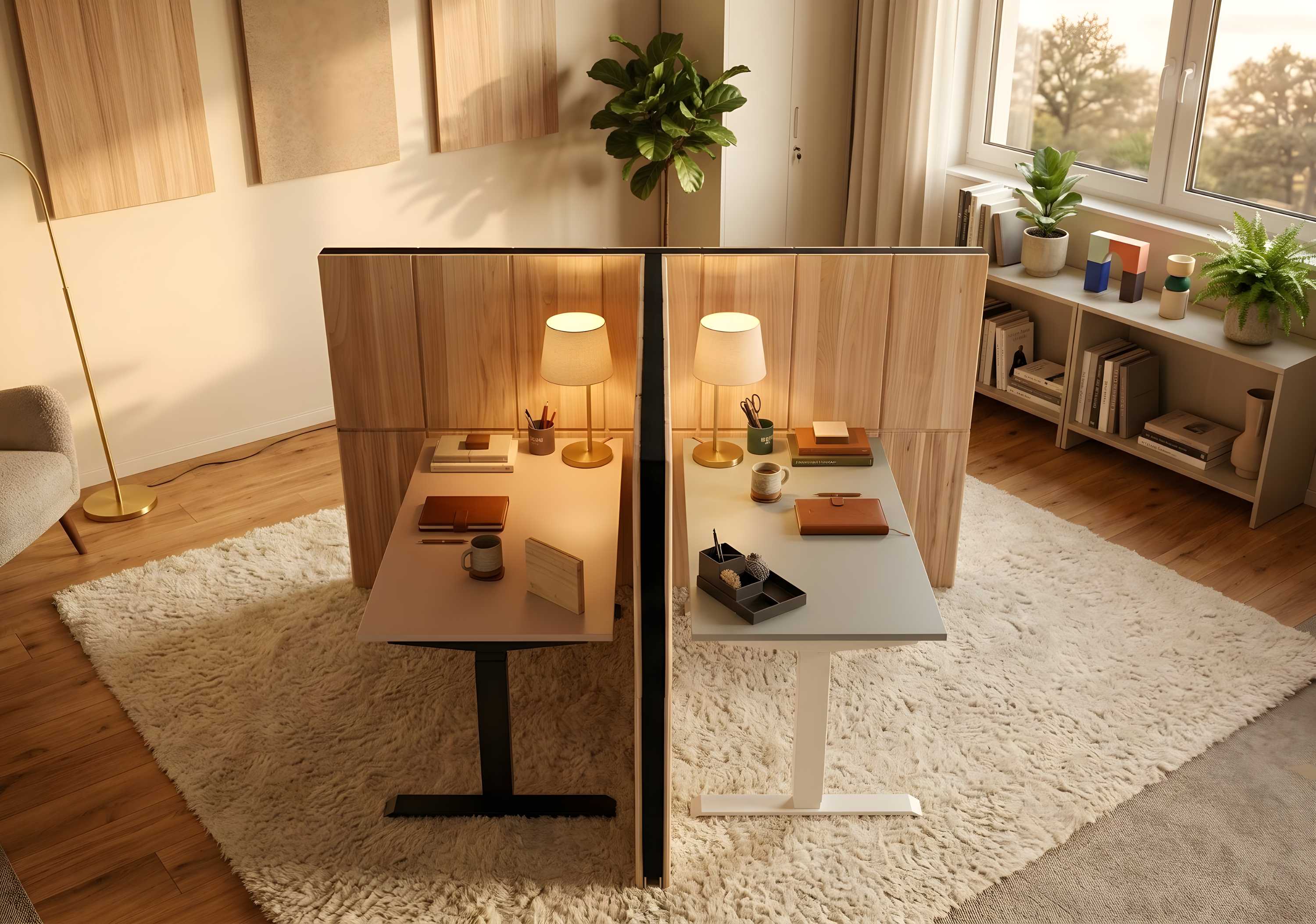 Raumteiler aus Paulownia Holz T Form mit Filz Abschlussleiste Seitenansicht mit elektrisch höhenverstellbare Schreibtischen Moodfoto