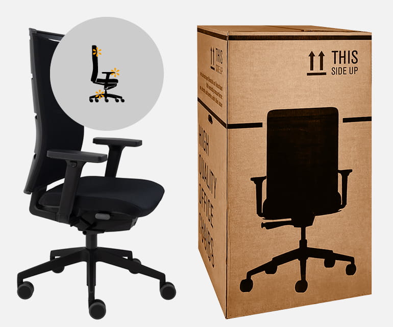 Ergonomischer Bürostuhl neben einem Karton mit Verpackungsaufdruck des Stuhls.