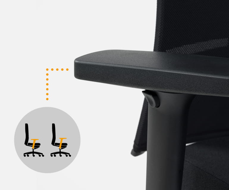 Zbliżenie górnej części podłokietnika ergonomicznego krzesła biurowego, podkreślone na ilustracji pokazującej zaznaczony obszar podłokietnika.