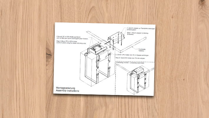 Montageanleitung für einen Computerhalter mit Gurt-Halterung.