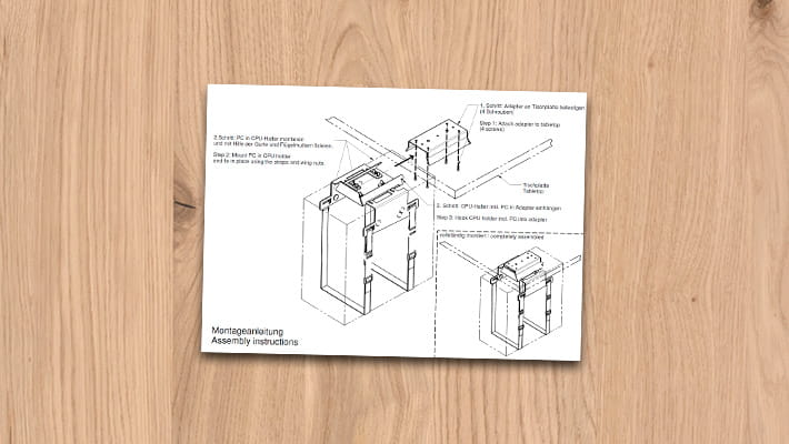 Instructions de montage pour un support d'ordinateur avec fixation à sangle.