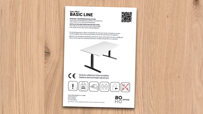 Montageanleitung für BASIC LINE höhenverstellbaren Schreibtisch von boho office mit QR-Code und Sicherheitshinweisen.