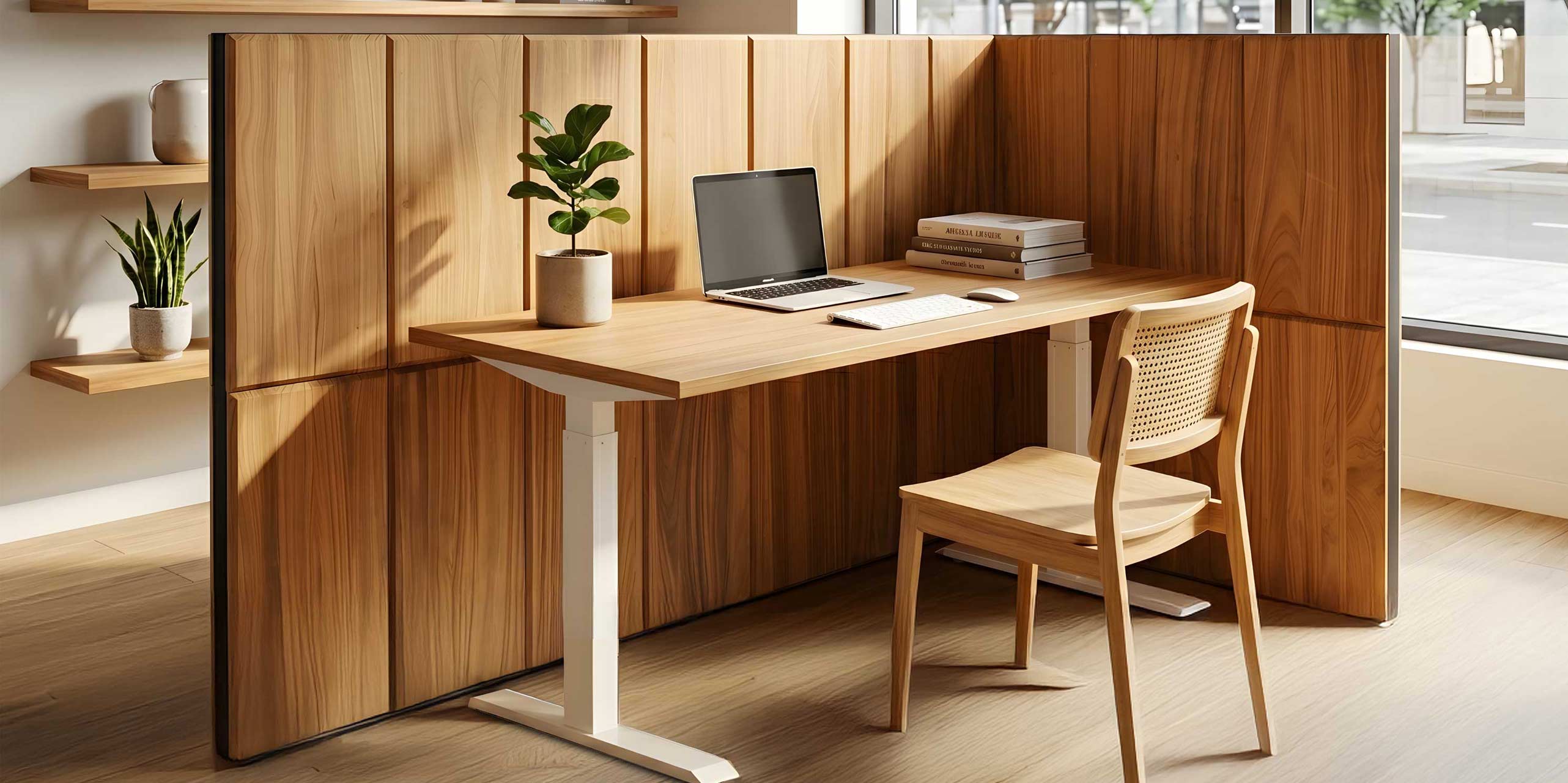 L Förmiger Raumteiler aus Paulownia Holz mit höhenverstellbarem Schreibtisch und Holzstuhl in einem großen Büro