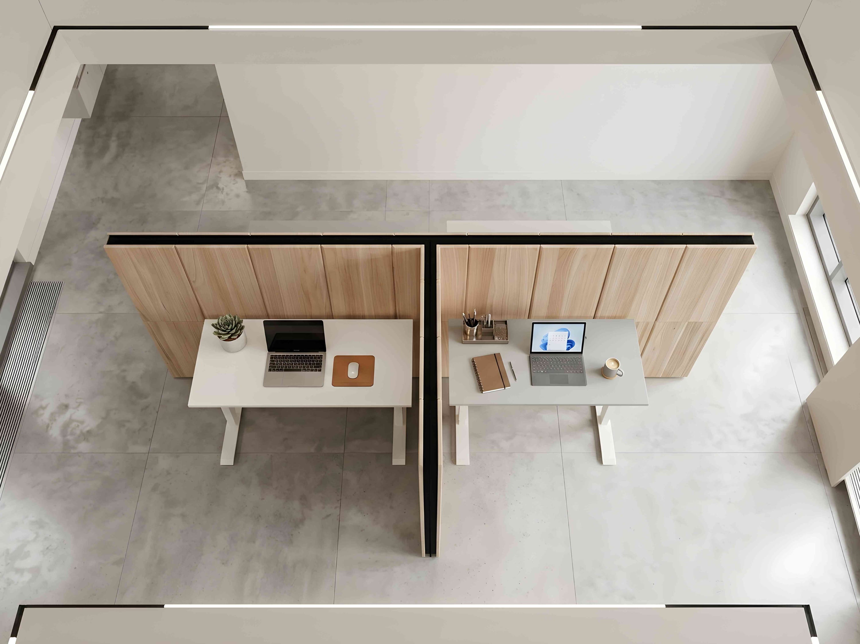 Raumteiler aus Paulownia Holz T Form mit Filz Abschlussleiste Isometrische ansicht mit elektrisch höhenverstellbare Schreibtischen Moodfoto