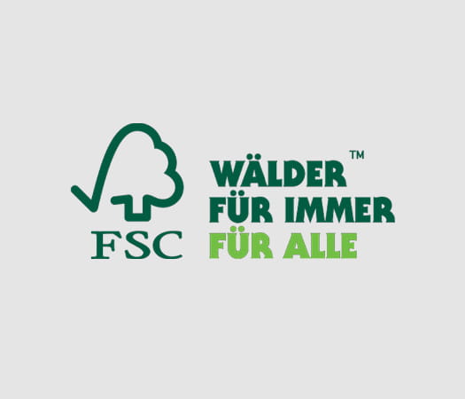 Das FSC-Logo mit dem Slogan „Wälder für immer – für alle“, der nachhaltige Forstwirtschaft fördert.