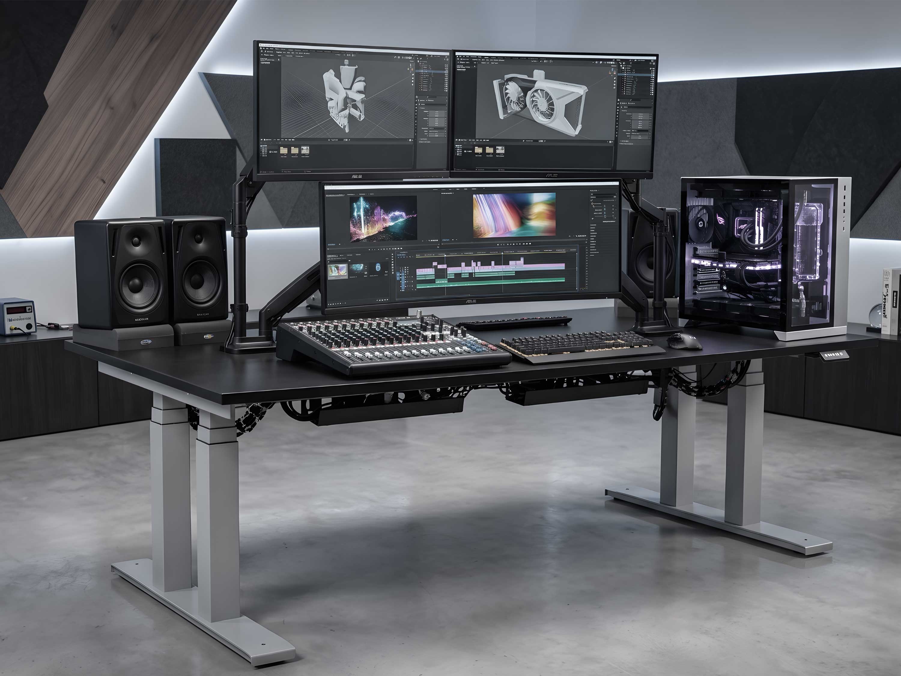 Schwerlastschreibtischgestell elektrisch mit schwarzer Tischplatte und vier Standfüßen in einem stylischem Arbeitszimmer. Auf dem Tisch sind drei Monitore, ein Gamingrechner und Soundboxen