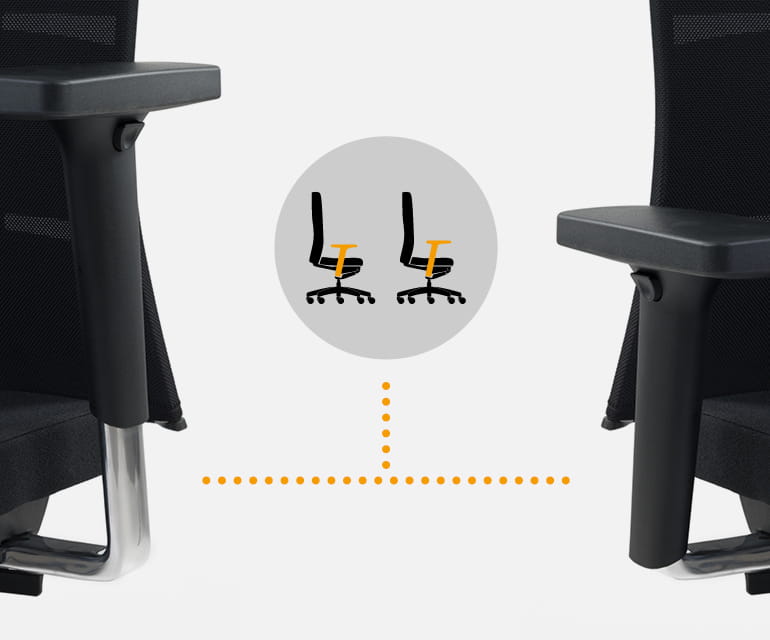 Close-up of the armrests of two ergonomic office chairs, highlighted by an illustration showing the marked armrest area.