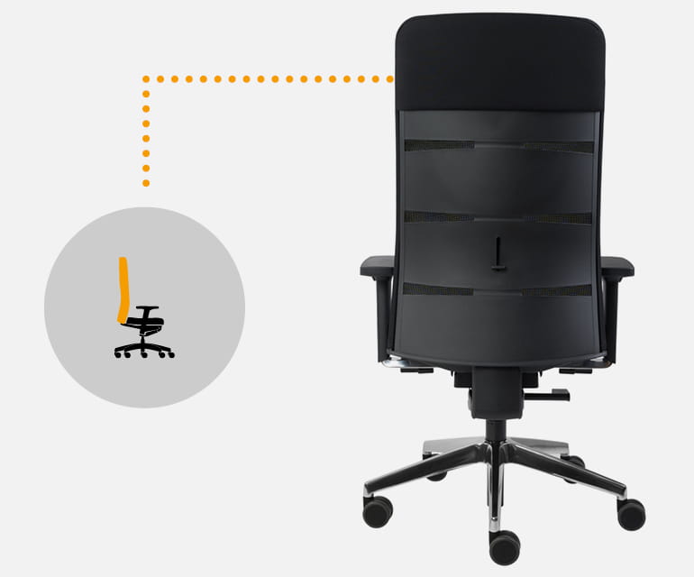 Rear view of an ergonomic office chair with the backrest highlighted, shown through an illustration.
