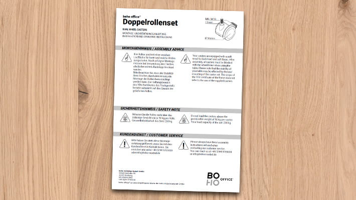 Instructions pour le set de doubles roulettes de boho office avec instructions de montage, notes de sécurité et informations sur le service client.