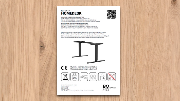 Montageanleitung für elektrisch höhenverstellbaren HOMEDESK mit QR-Code und Sicherheitshinweisen.