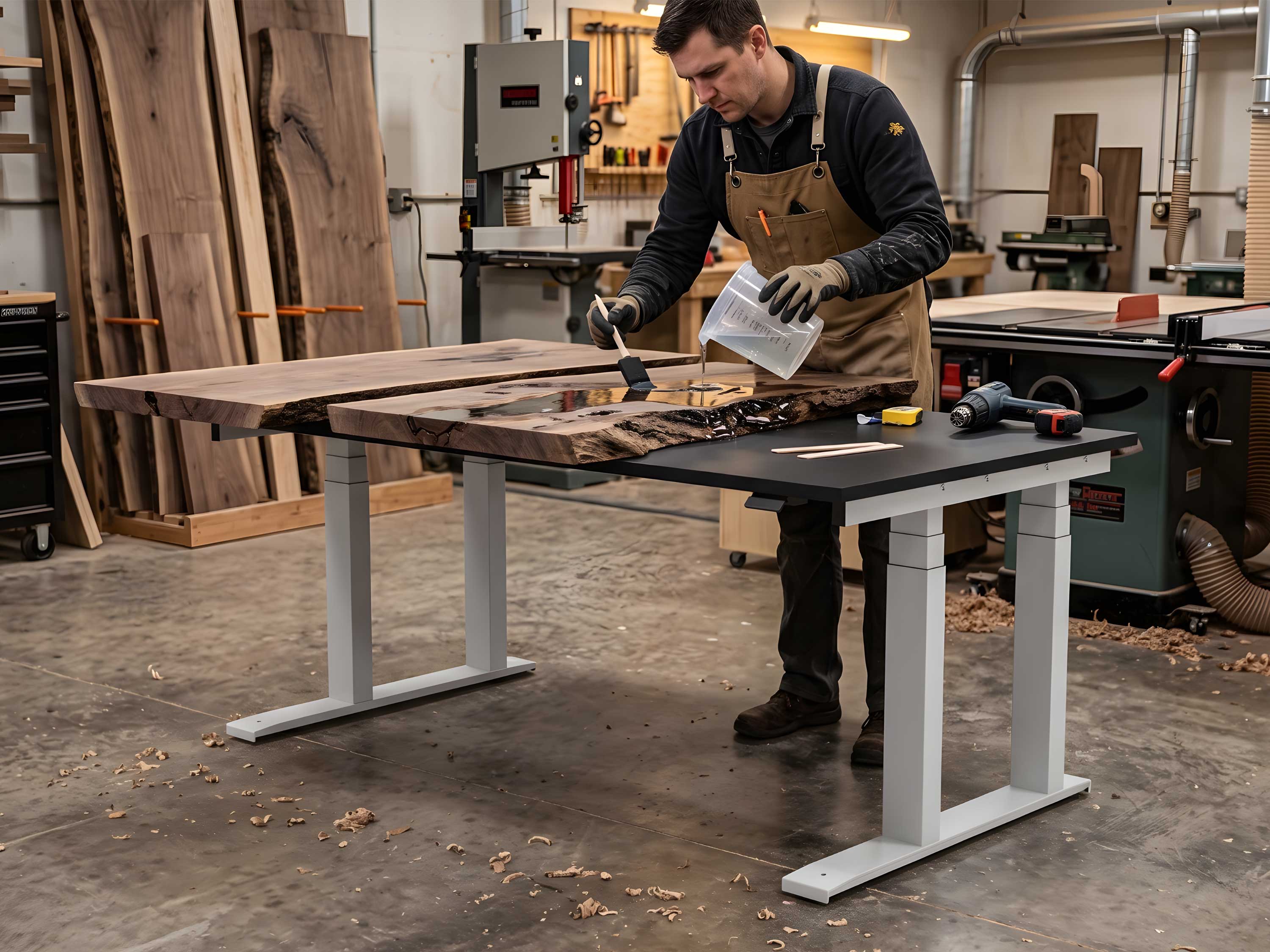 Schwerlastschreibtischgestell elektrisch mit schwarzer Tischplatte und vier Standfüßen in einer Holzmanufaktur mit Tischplatten auf dem Tisch