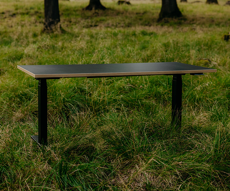 Höhenverstellbarer Schreibtisch mit schwarzer Platte und Holzkante, aufgestellt in einer natürlichen Wald- und Wiesenlandschaft.