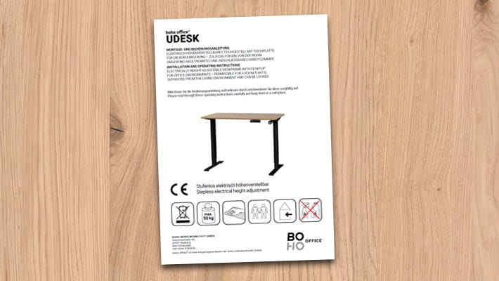 Anleitung für höhenverstellbaren Schreibtisch UDESK mit Sicherheitshinweisen und Pflegesymbolen.