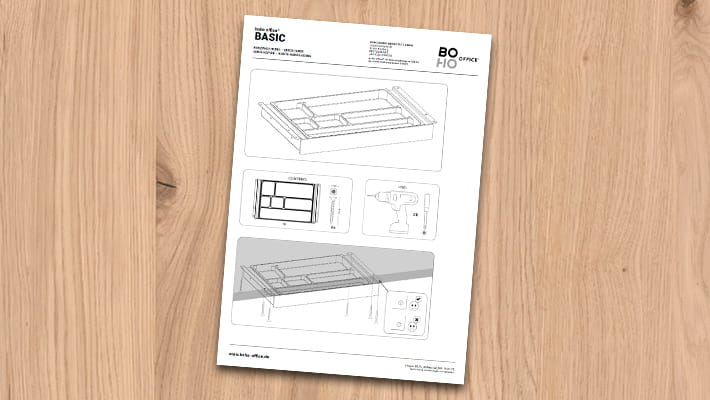 Instructions pour le tiroir de bureau BASIC avec étapes de montage.