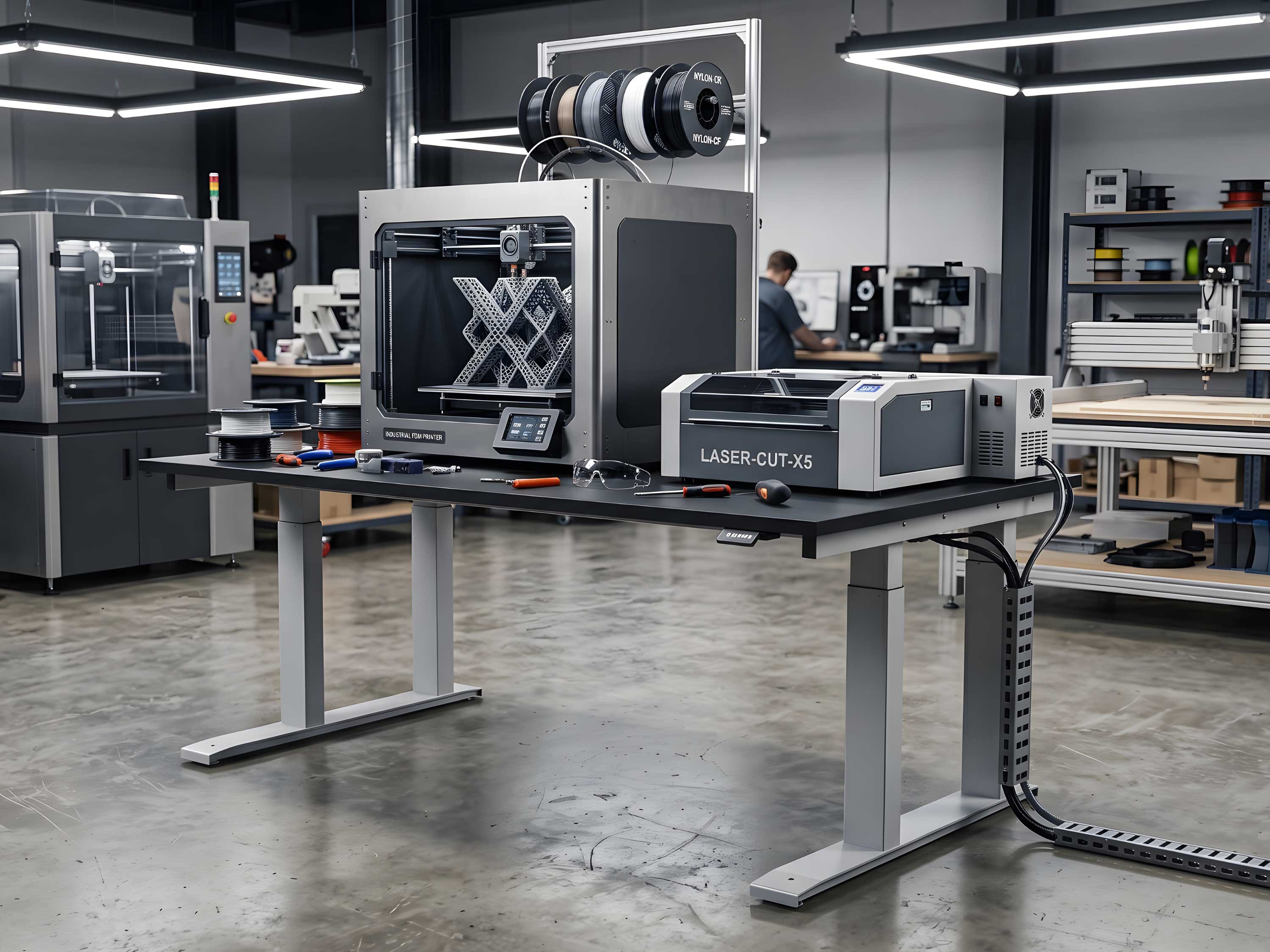 Schwerlastschreibtischgestell elektrisch mit schwarzer Tischplatte und vier Standfüßen in einem Labor mit 3D Druckern