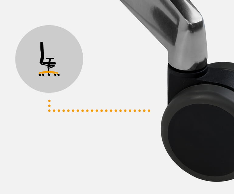 Close-up of a castor of an ergonomic office chair with a metal frame, highlighted by an illustration showing the marked castor area.