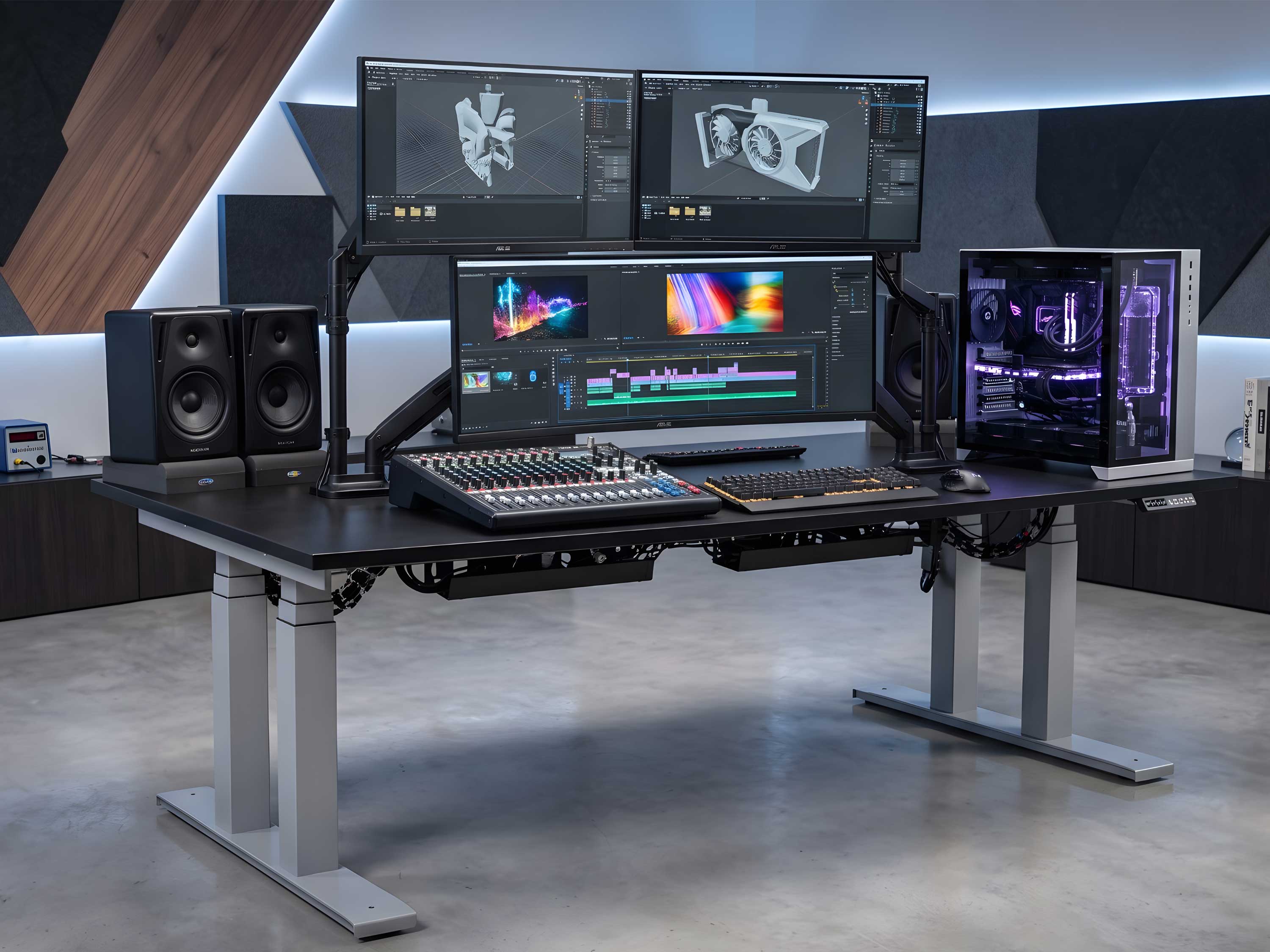 Schwerlastschreibtischgestell elektrisch mit schwarzer Tischplatte und vier Standfüßen in einem stylischem Arbeitszimmer. Auf dem Tisch sind drei Monitore, ein Gamingrechner und Soundboxen