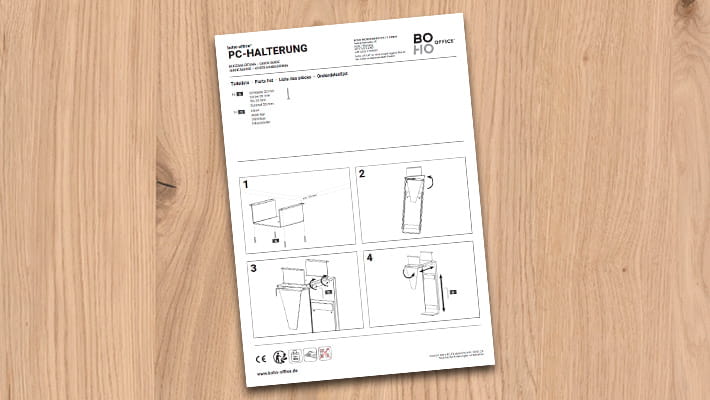 Anleitung für XL PC-Halterung mit Installationsabbildungen und CE-Kennzeichnung.