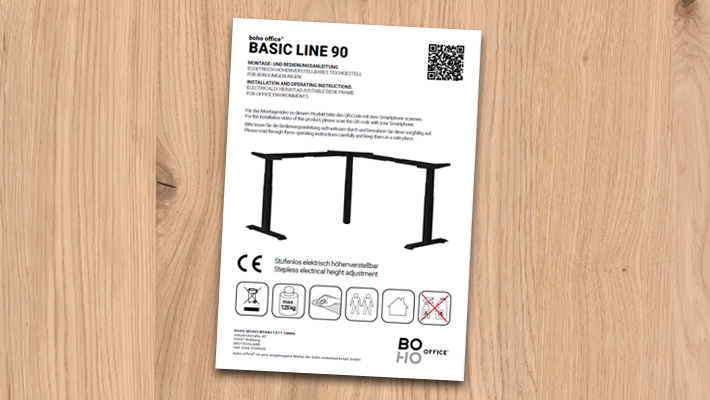 Anleitung für Schreibtisch BASIC LINE 90 mit symbolischen Darstellungen und CE-Kennzeichnung.