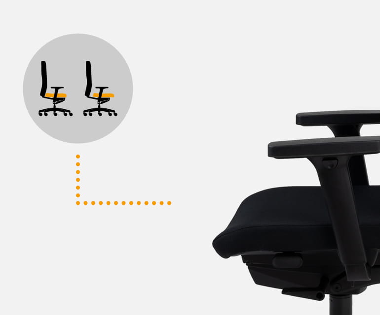 Nahaufnahme der Sitzfläche eines ergonomischen Bürostuhls, hervorgehoben durch eine Illustration, die den markierten Sitzbereich zeigt.