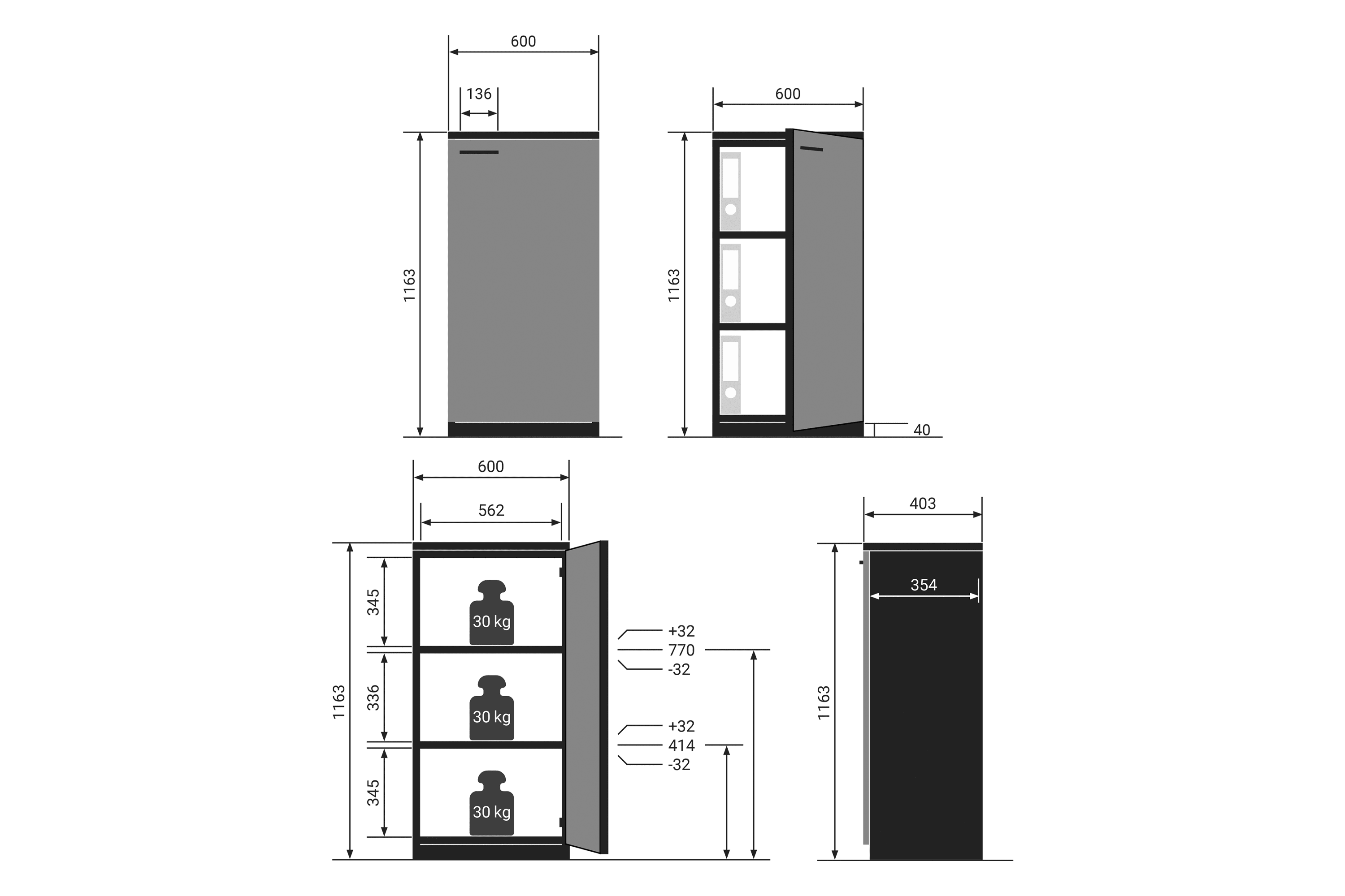 Schrank 60 cm breit / 3 OH / Anschlag rechts - be.smart
