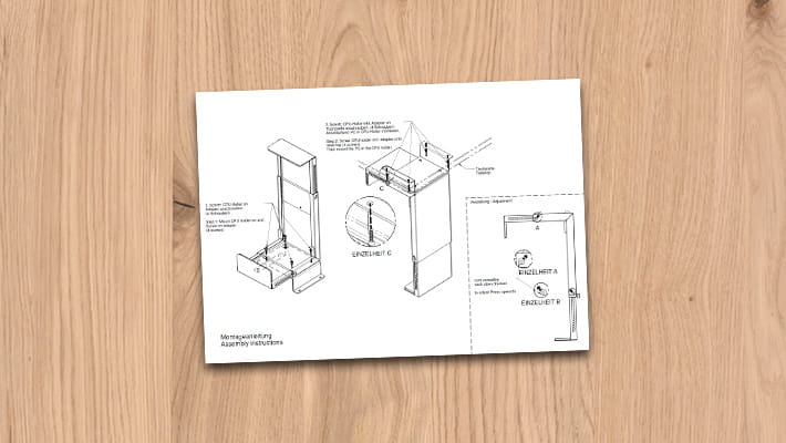 Instructions pour un support d'ordinateur (système de grille) avec des dimensions et des instructions de montage.
