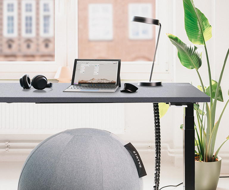 Moderner höhenverstellbarer Schreibtisch mit Laptop, Lampe und ergonomischem Sitzball in einem stilvollen Büro.