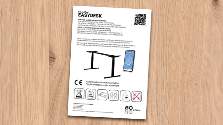 Anleitung für elektrisch höhenverstellbaren EASYDESK von boho office mit Piktogrammen zur Nutzung und Sicherheitshinweisen.