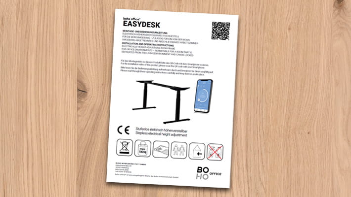 Instructions pour le bureau EASYDESK électrique réglable en hauteur de boho office avec pictogrammes pour l'utilisation et consignes de sécurité.