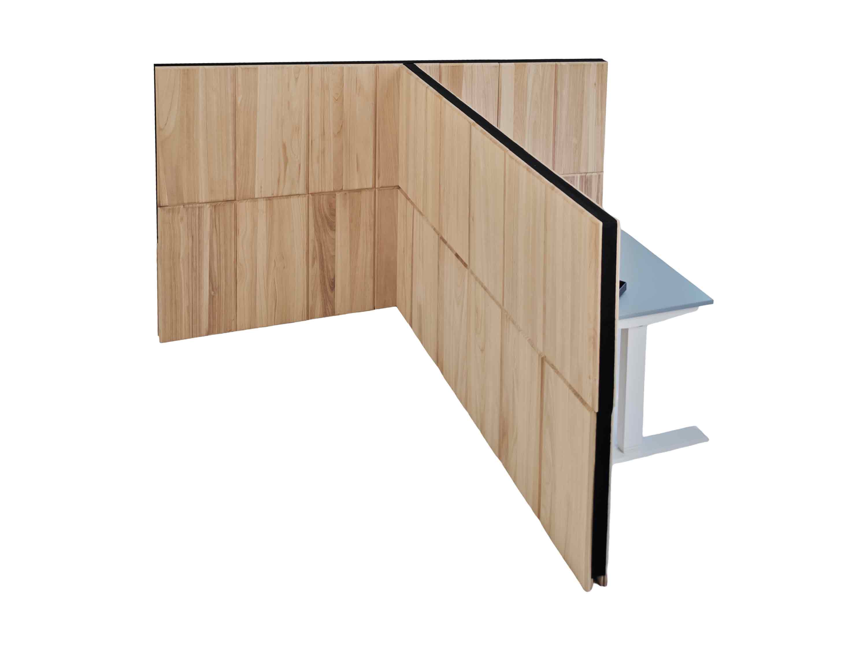 Raumteiler aus Paulownia Holz T Form mit Filz Abschlussleiste Frontalansich