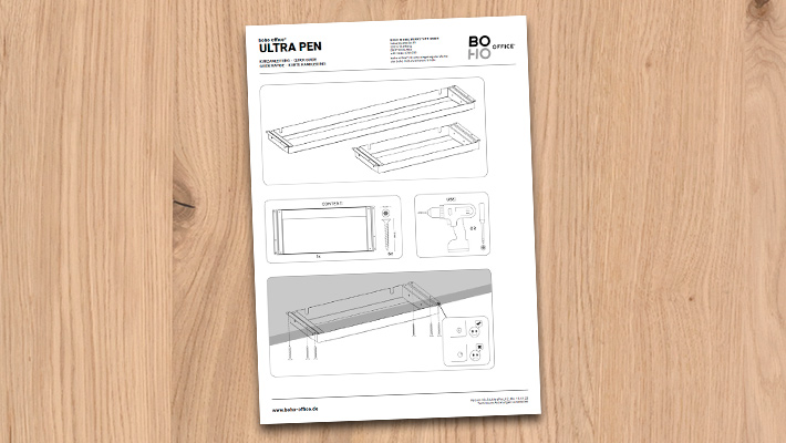 Anleitung für ULTRA PEN Schubladeneinbau, Darstellung einzelner Komponenten und Montageschritte.