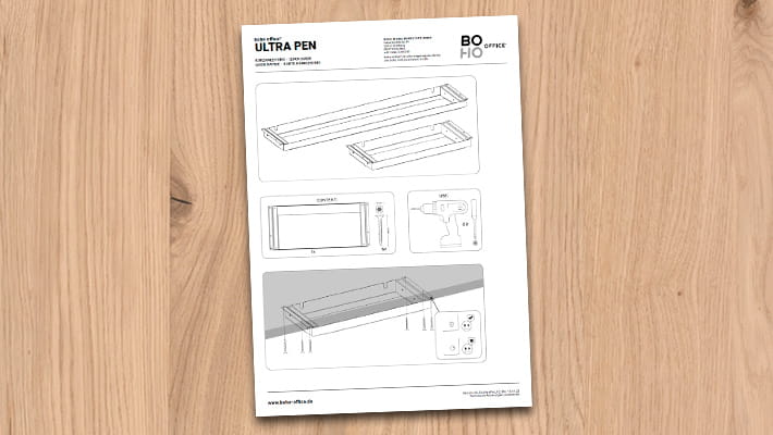 Instructions pour l'installation du tiroir ULTRA PEN, avec représentation des composants individuels et étapes de montage.